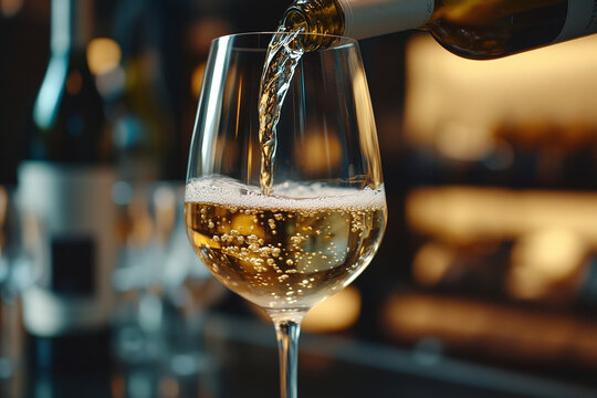 Elegant Glass of White Wine Poured in a Romantic Restaurant Setting

