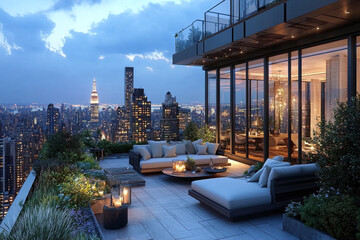 Luxurious rooftop terrace with garden, a peaceful relax zone with modern outdoor furniture overlooking a stunning urban skyline during a warm sunset