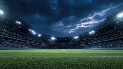 Nighttime view of a vast, empty stadium under a dramatic, stormy sky; powerful floodlights illuminate the verdant pitch