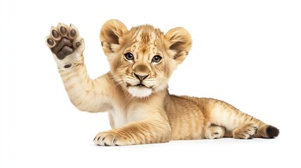 Obraz premium Adorable lion cub waving its paw on a white background captivating wildlife photography