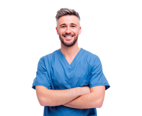 Smiling man doctor in blue scrubs with crossed arms on transparent background, PNG