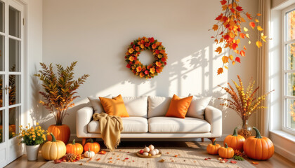 Cozy autumn living room decor with pumpkins, leaves, and warm colors creating a relaxing atmosphere.