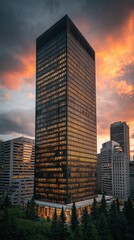 Tall skyscraper at sunset, golden light reflecting on glass facade, surrounded by other buildings and trees