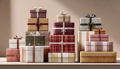 Stacked gifts in muted tones, various sizes and patterns