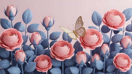 A pastel pink background with roses and buds with blue leaves and a butterfly in the center