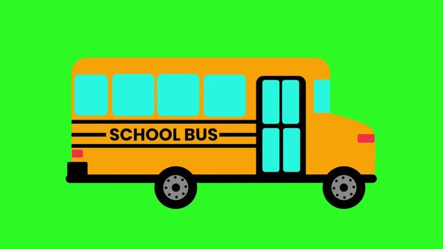 Animated yellow school bus. Flat cartoon vector graphic on a green screen background. Looping animation.