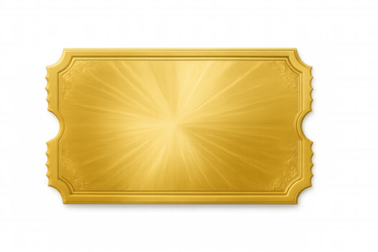 Golden ticket on transparent background symbolizing vip access, premium event invitation, or exclusive offer