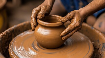 Hands shaping clay pot on pottery wheel (2)