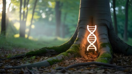 A dna helix symbol superimposed on a tree trunk in a forest with sunlight filtering through trees