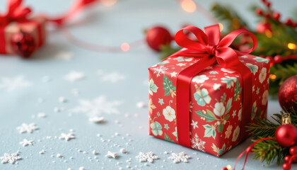 Festive holiday gift wrapped in red with a bow, surrounded by Christmas decorations and a joyful atmosphere.