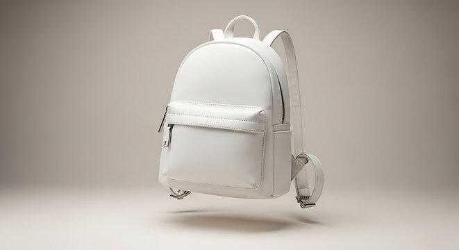 A minimalist, white backpack with a small front pocket and a sleek design is shown floating against a neutral background, highlighting its clean aesthetic.