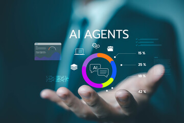 Businessman holding AI agents data analytics hologram with chart and virtual interface, representing artificial intelligence technology for automation, insights, and business strategy. AI analysis