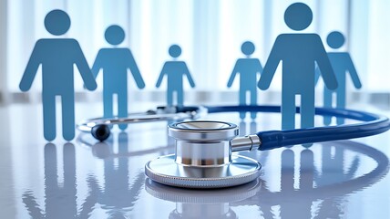 Conceptual image representing healthcare access and community wellness with a stethoscope and stylized human figures symbolizing people and medical care
