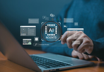 Person using laptop with AI agents analysis hologram, and digital interface, representing artificial intelligence technology for data processing, automation, and business solutions. smart AI agents
