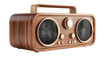Vintage wooden radio with handle isolated on transparent background