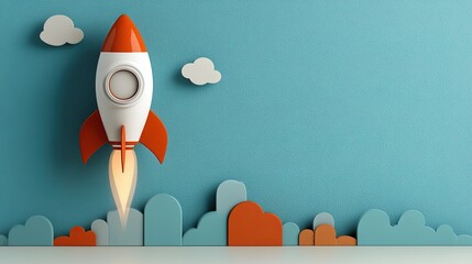 White and orange stylized rocket launching with glowing exhaust against a textured blue background featuring abstract clouds