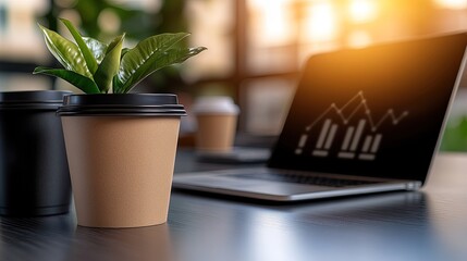 Green plant in a disposable kraft paper cup on a dark wooden desk beside a laptop showing a business graph with bright sunlight