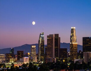 City skyline at twilight, full moon above, mountains in background