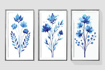 Watercolor blue floral wall art triptych featuring delicate flowers and leaves in elegant framed display