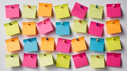 Fototapeta premium A vibrant arrangement of colorful sticky notes pinned to a white wall creating a visually appealing and organized pattern for notes and ideas