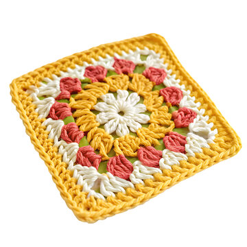 A colorful handmade crochet granny square pattern isolated on a transparent background png