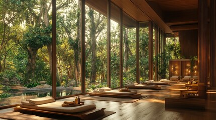 Fototapeta premium Tranquil Spa Interior with Nature Views and Natural Light