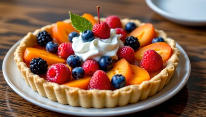 a dessert with a pastry crust topped with peaches, berries, and a dollop of whipped cream, presented on a plate and placed on a di