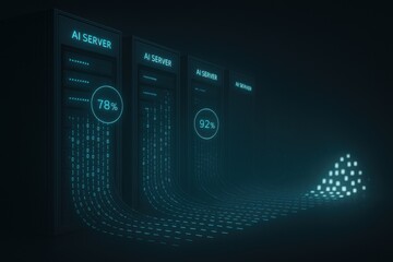 AI Server Rack Visualization with Flowing Binary Data and Utilization Percentage Readouts
