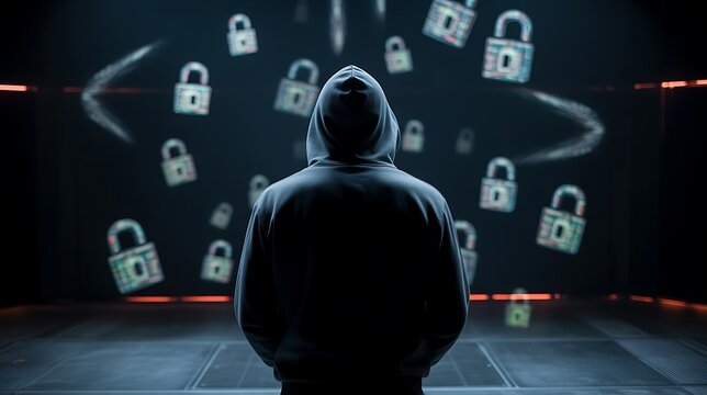 Person in hooded sweatshirt facing digital locks floating in dark room hacker cybersecurity