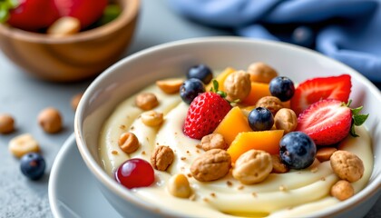 a bowl of yogurt topped with mixed fruits such as strawberries, blueberries, and sliced bananas, alongside whole nuts, all arrange