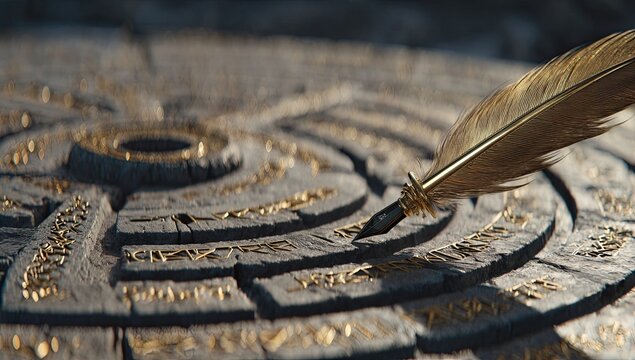 A golden quill rests on a circular, stone tablet inscribed with swirling, ancient-looking script, illuminated by sunlight