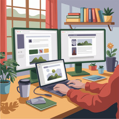 Illustration of a workspace with dual monitors laptop plants and a person typing at a desk at home office