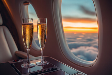 Two elegant glasses of champagne served, inside a luxurious airplane cabin during sunset, capturing the essence of first-class travel and celebration