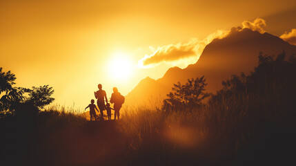 Family silhouette against a mountain sunset, evoking outdoor adventure and togetherness.