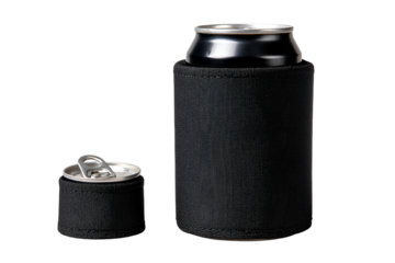 Two black beverage cans with textured sleeves isolated on transparent background