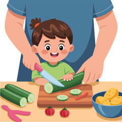 A young child learning to cut vegetables with assistance from an adult in a kitchen setting at home