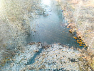 Winter landscape with frozen lake aerial