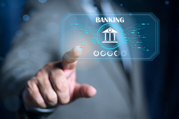 Bank account online technology concept. finance and banking digital, businessmen holding online banking and payments, Virtual banking transformation network.