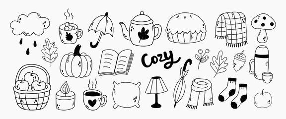 Hand draw Cozy Autumn Doodle set.Black Outline Fall Elements.