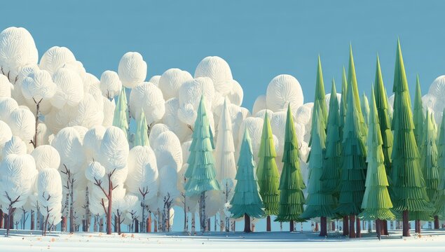 Low-poly winter scene; snow-covered deciduous trees transition to evergreen conifers under a clear sky