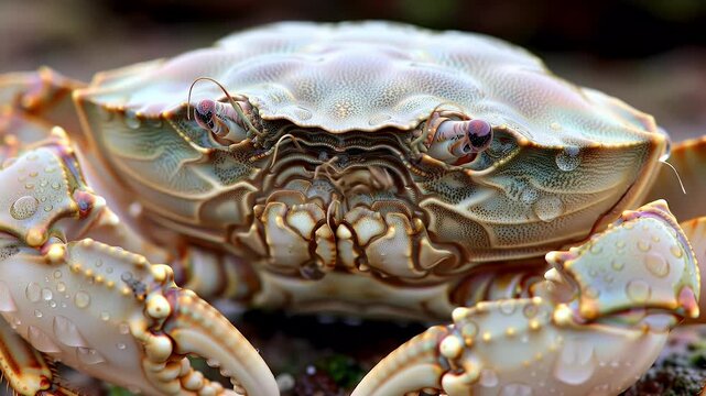 Captivating close-up of a light-colored crab with intricate shell details and water droplets