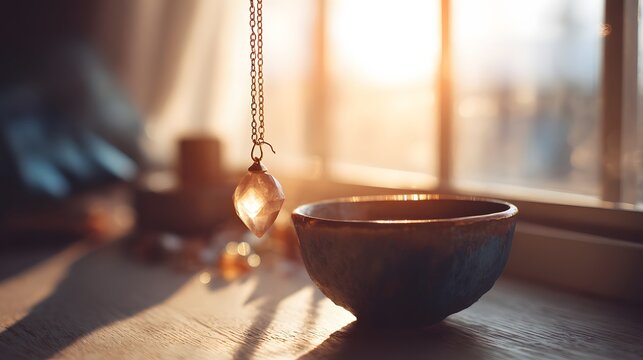 A crystal pendulum hangs above a ceramic bowl in the sunlight.