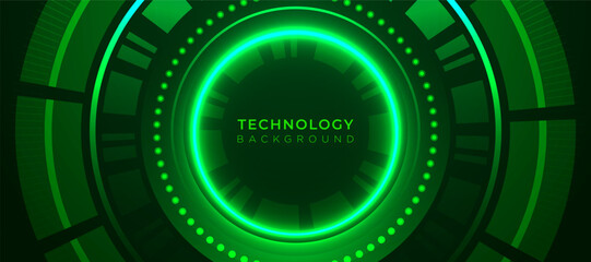 Green Technology background horizontal layout with glowing circular lines and dots on dark background. Perfect for website banners, cover templates, and presentation backgrounds.