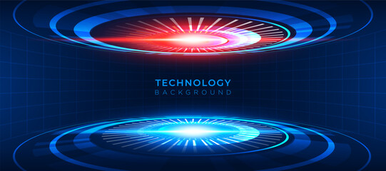 Technology background vector with blue and red neon light circles on dark blue grid floor, perfect for website cover banner or digital presentation. Futuristic sci fi style design