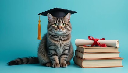 Adorable grey tabby cat with yellow-green eyes sitting upright, wearing a black graduation cap with a yellow tassel, against a solid turquoise background