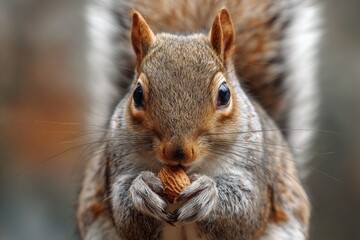 Obraz premium Squirrel Eating Nut, Close-up Portrait of Wild Animal Holding Food in Paws, Cute