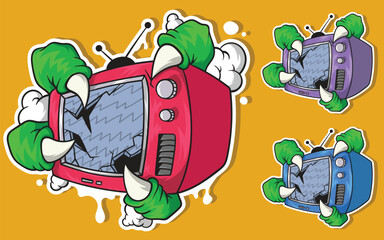 Monster Claws Smashing Retro TV Vector Illustration