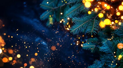 Close up of a dark blue spruce tree with soft glowing yellow and orange christmas lights creating a magical festive holiday atmosphere