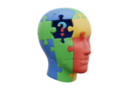 Colorful Puzzle Head with Question Mark Inside on Dark Background Concept of Problem Solving and Creative Thinking