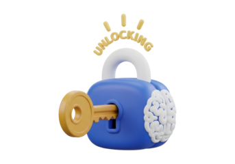 Conceptual 3D Illustration of a Padlock with Brain Symbol and Golden Key on Black Background Symbolizing Unlocking Intelligence and Creative Solutions